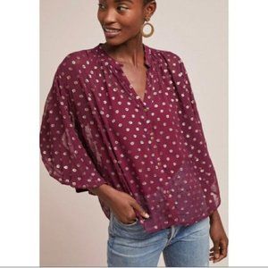Anthropologie Moulinette Soeurs Burgundy Blouse with Gold Motif
